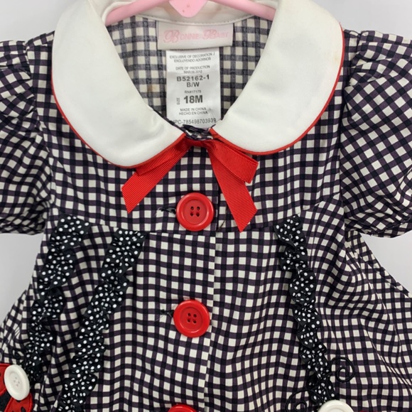 Bonnie Baby girls dress smocked neck ruffles red ladybug  black & white gingham - Picture 2 of 9